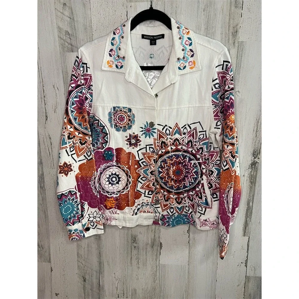 Boston Proper Womens White Mandala Embellished Denim Jacket Size S Boho Beaded - Picture 2 of 16